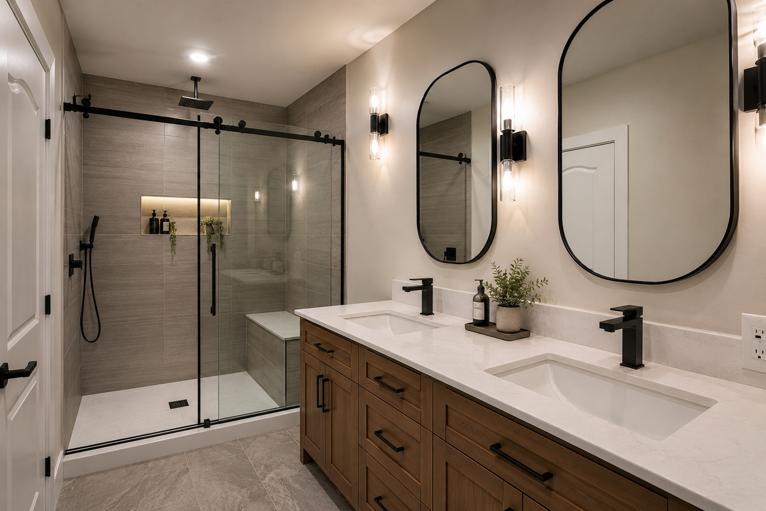 Renovated ensuite with walk-in glass shower, oak double vanity, and matte-black fixtures
